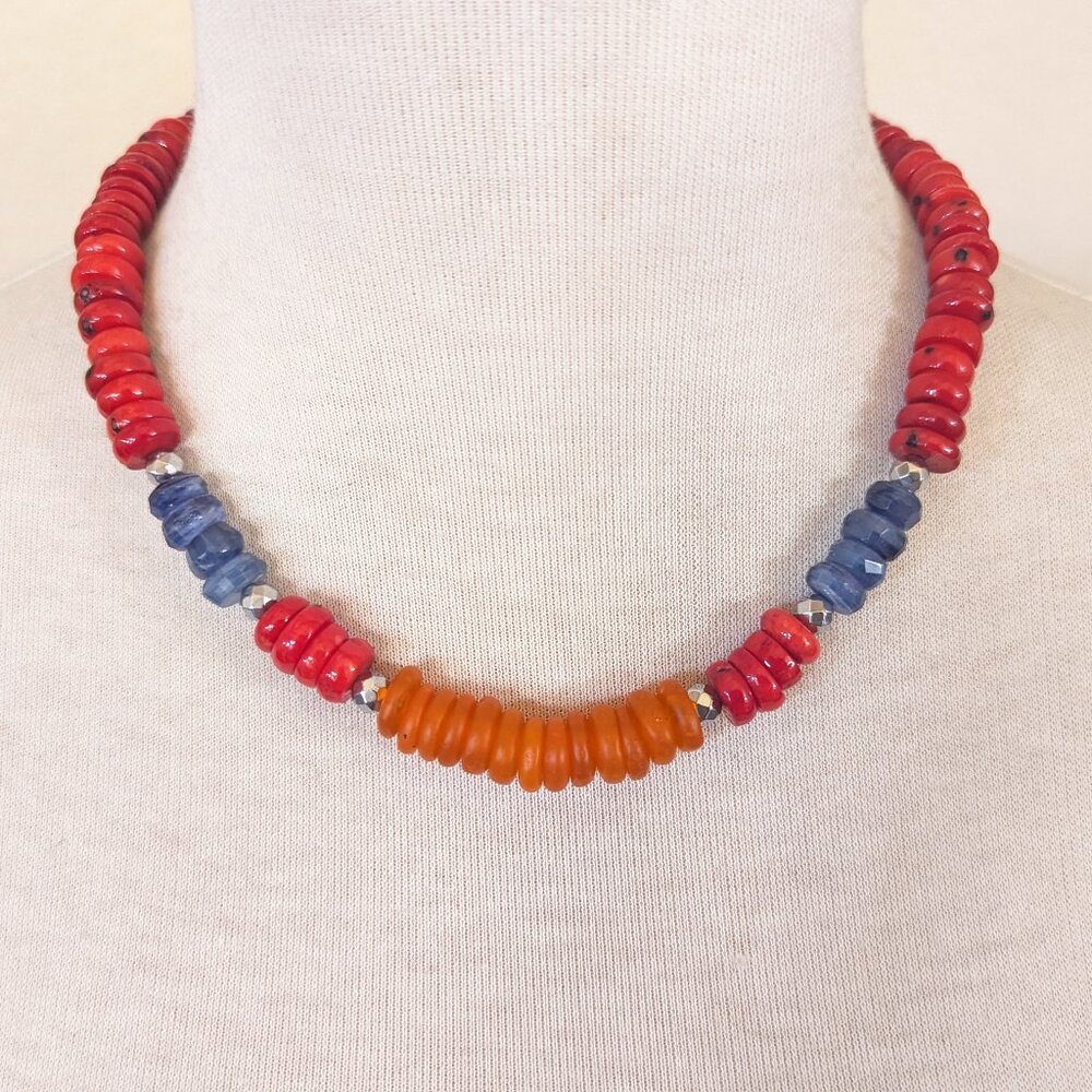 Southwestern Red Coral, Denim Blue Kyanite & Orange Statement Necklace